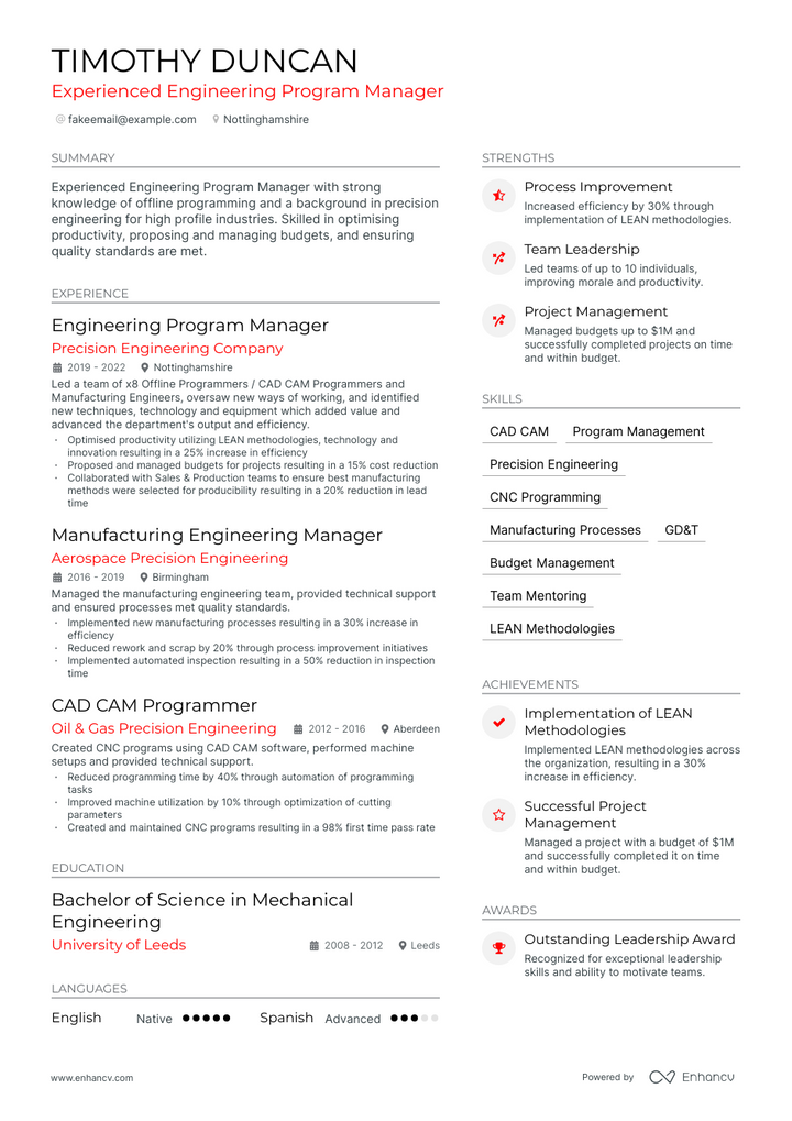 engineering program manager resume example