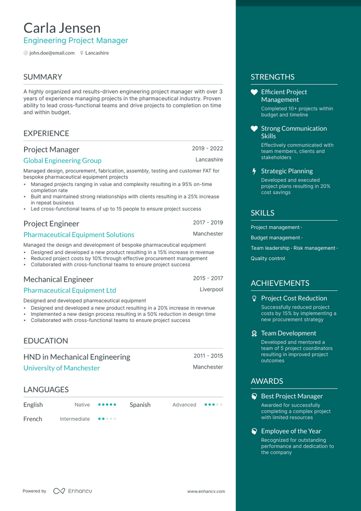 engineering project manager resume example