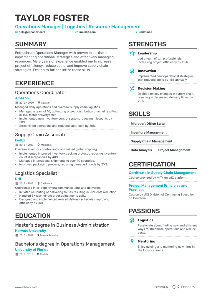 5 Entry-level Operations Manager Resume Examples & Guide for 2023