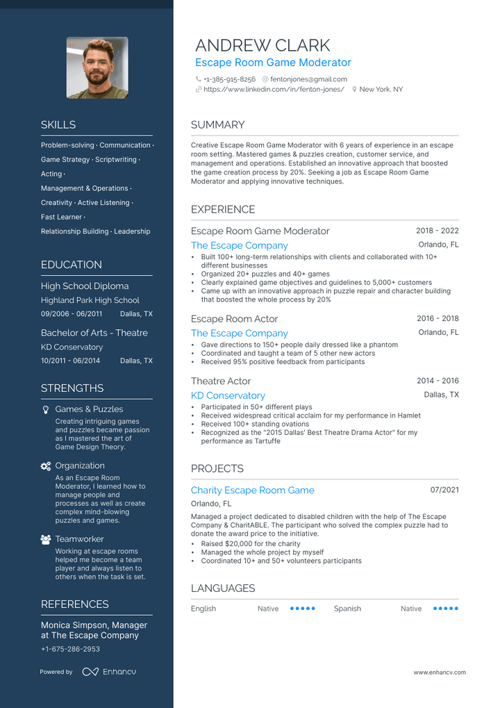 escape room manager resume example