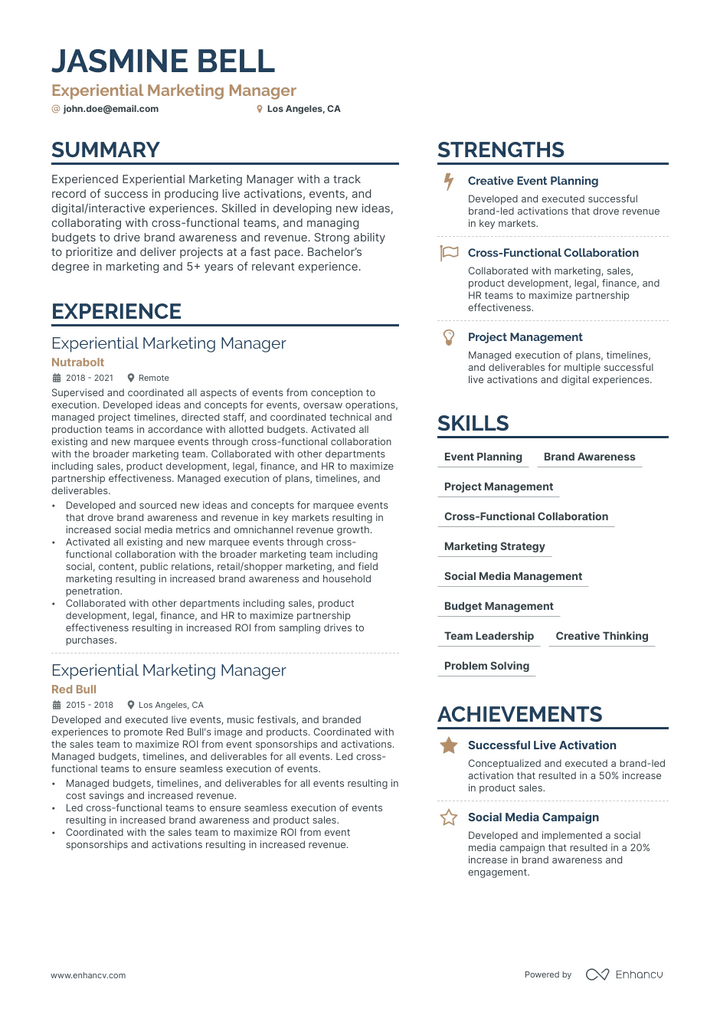 experiential marketing resume example