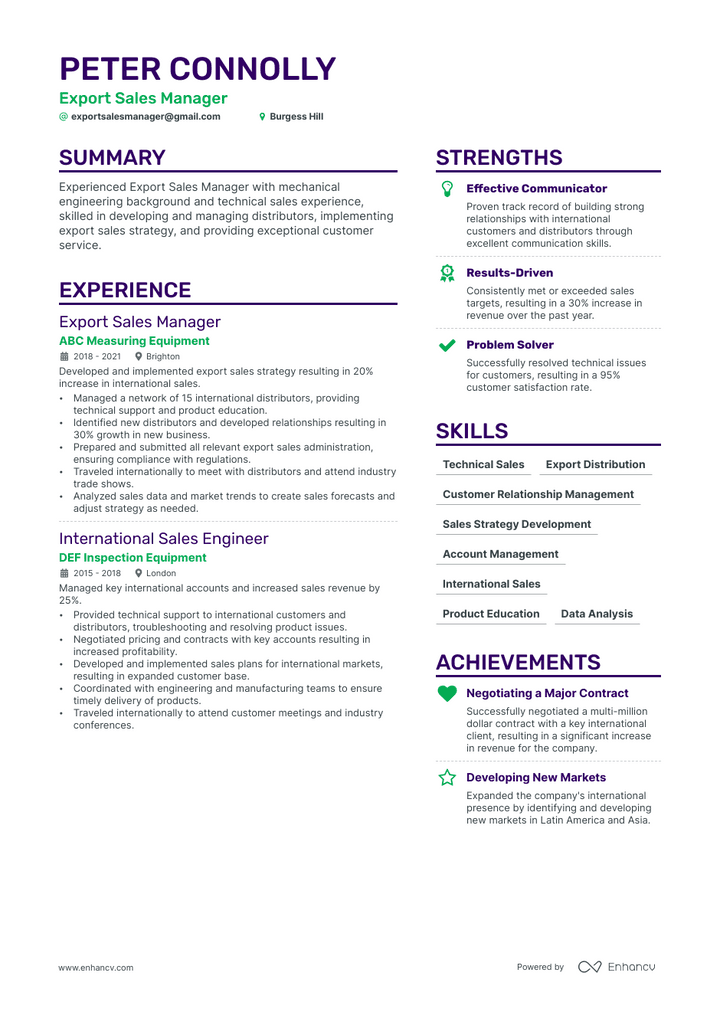 export manager resume example