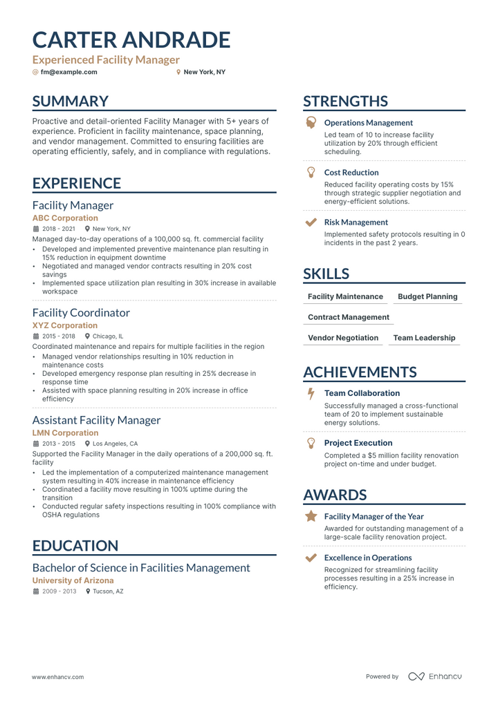 facility manager resume example