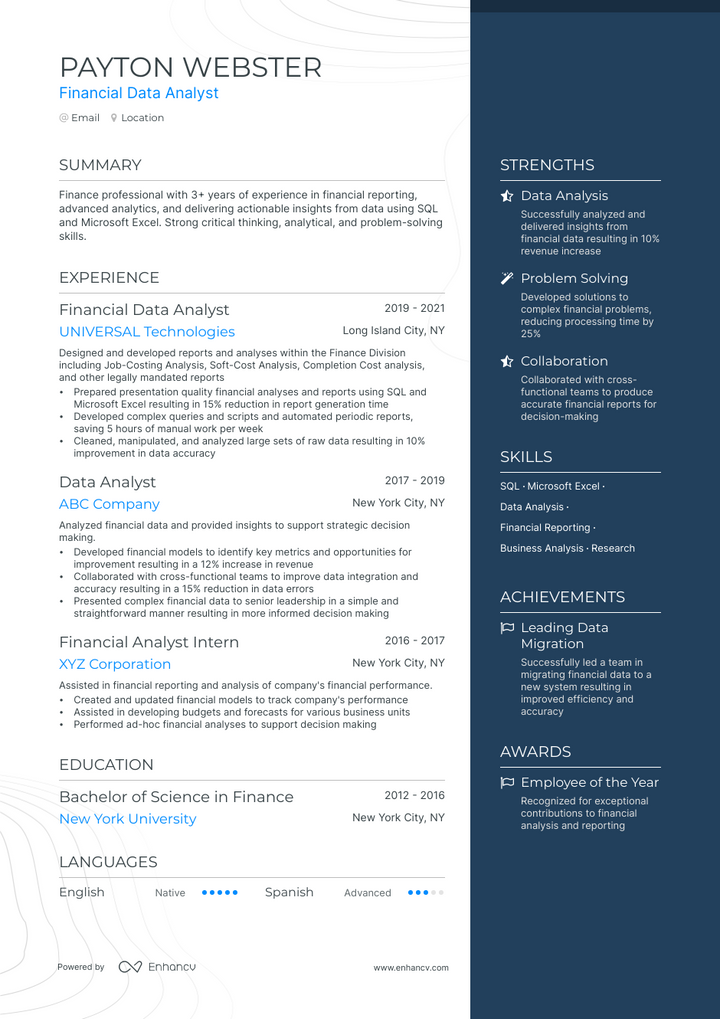 financial data analyst resume example