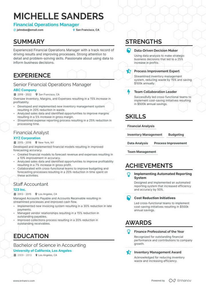 financial operations manager resume example