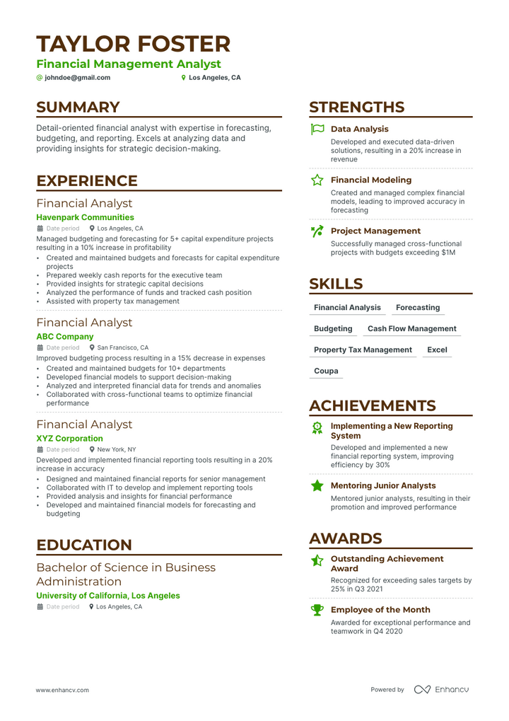 financial management analyst resume example