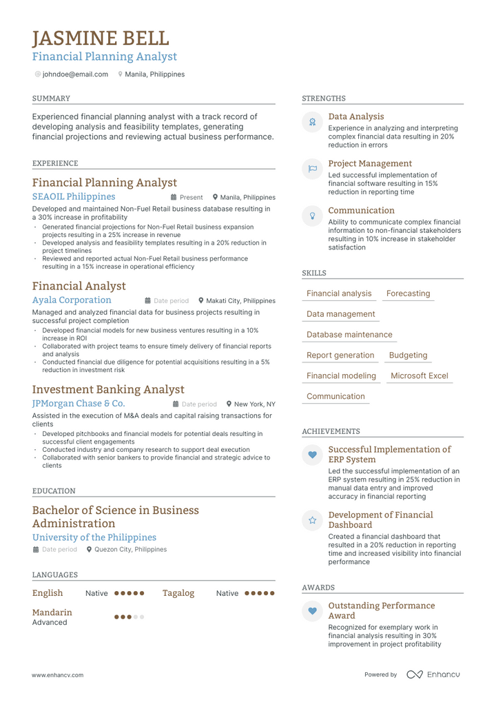 financial planning analyst resume example