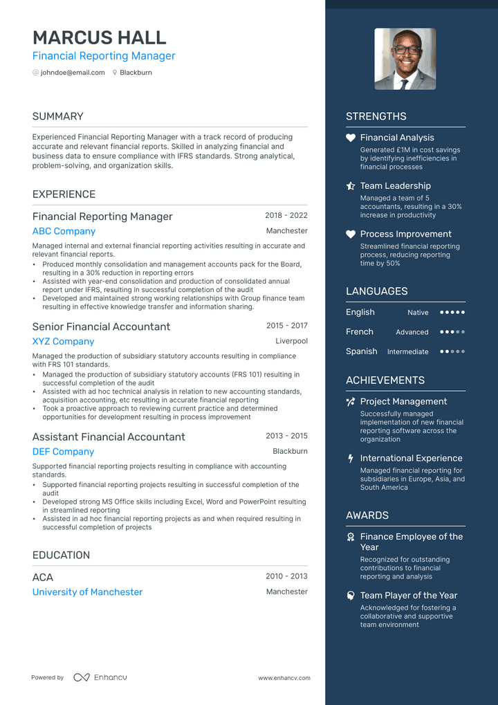 financial reporting manager resume example