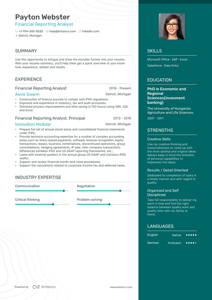 financial reporting analyst resume example