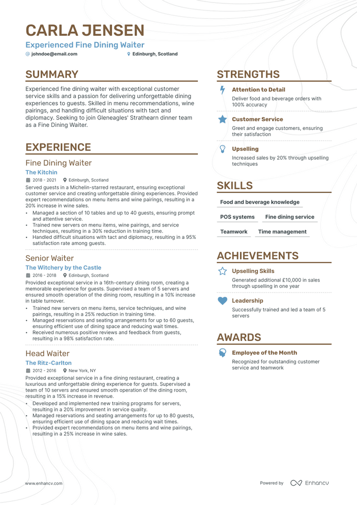 fine dining resume example