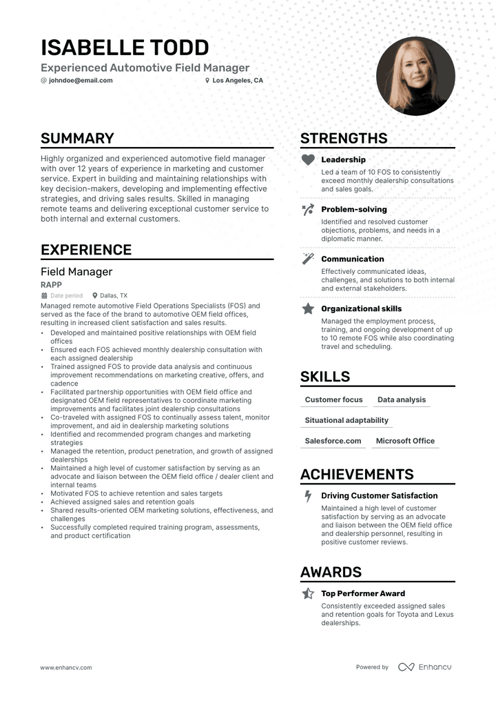 field manager resume example