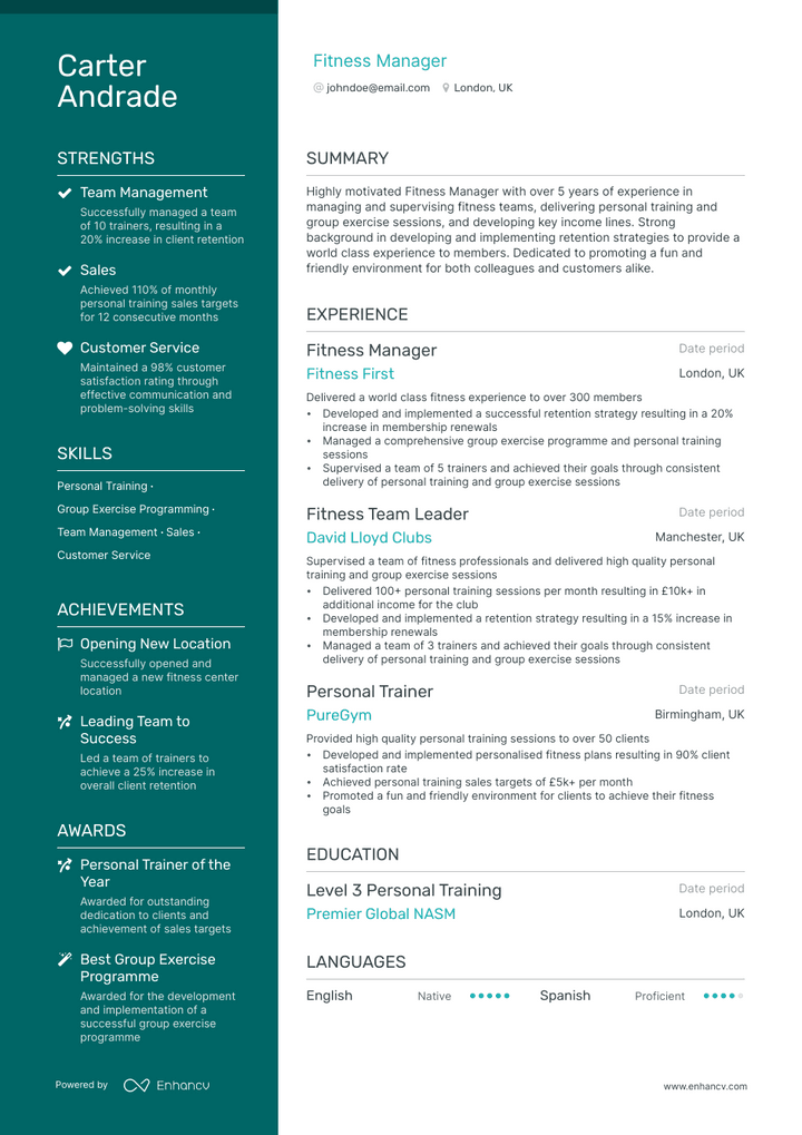 fitness manager resume example