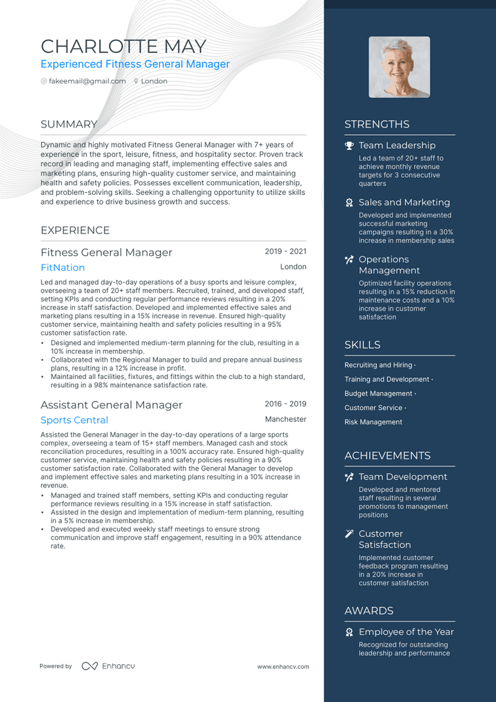 fitness general manager resume example