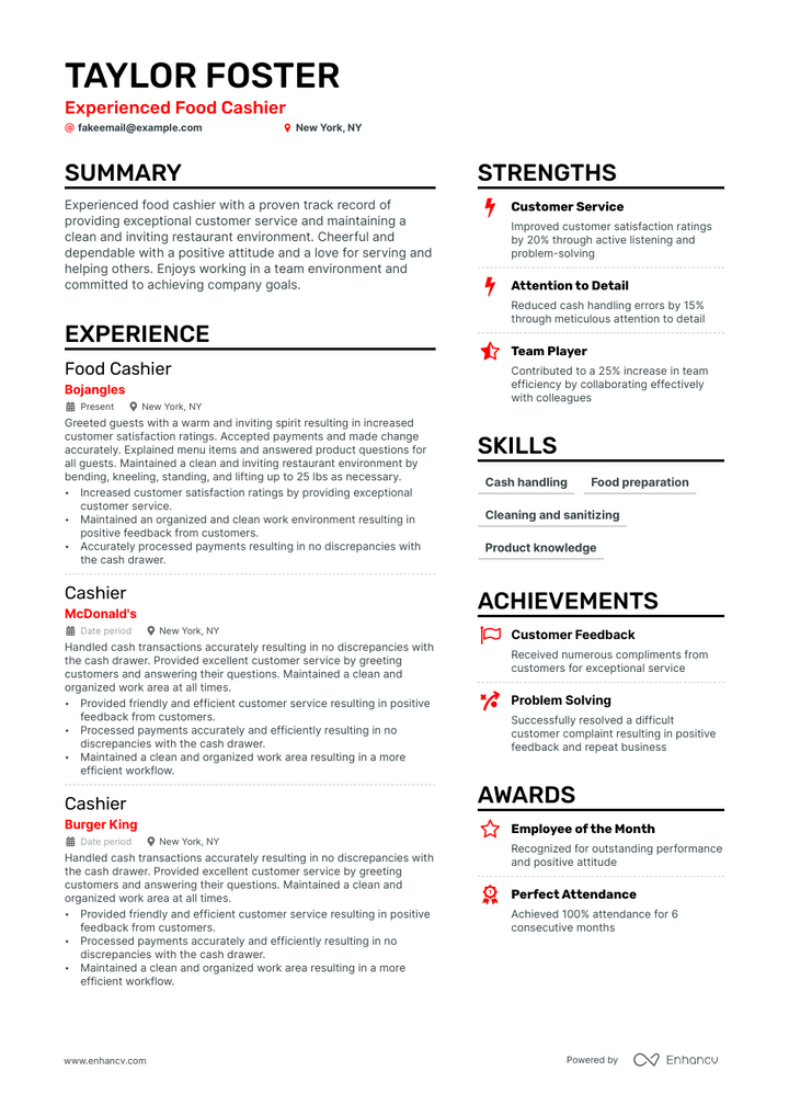 food cashier resume example