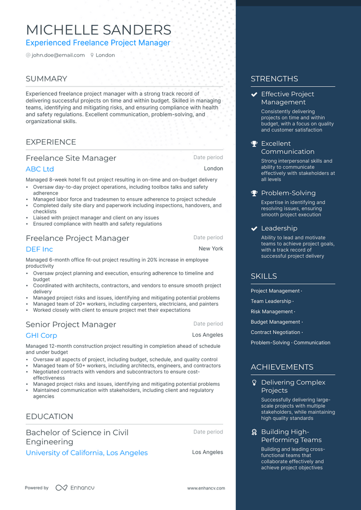 freelance project manager resume example