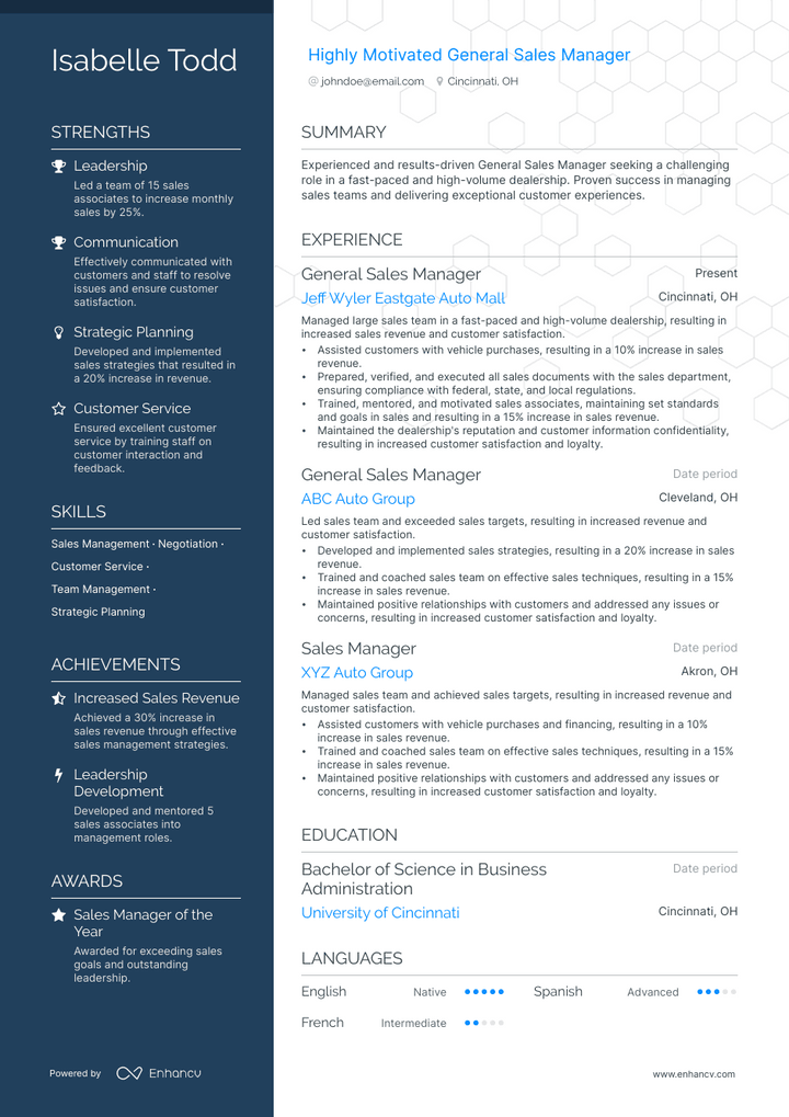 general sales manager resume example