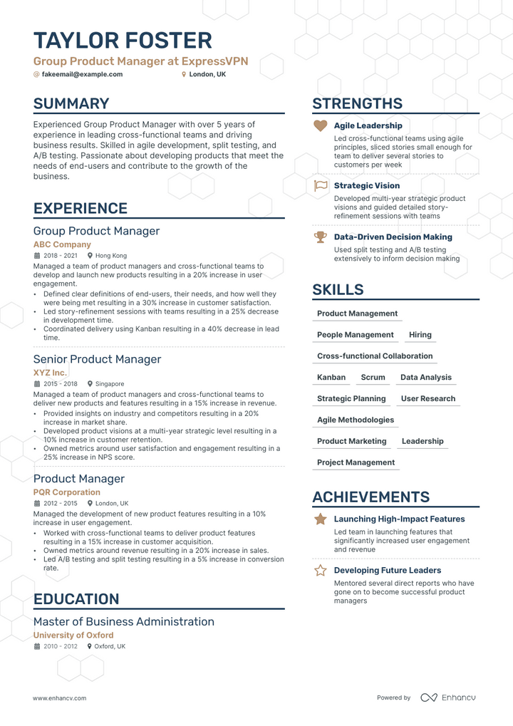 group product manager resume example