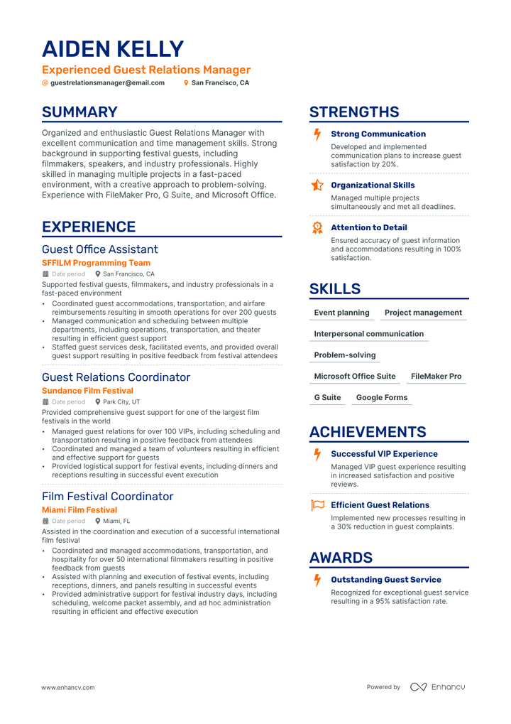 guest relations manager resume example