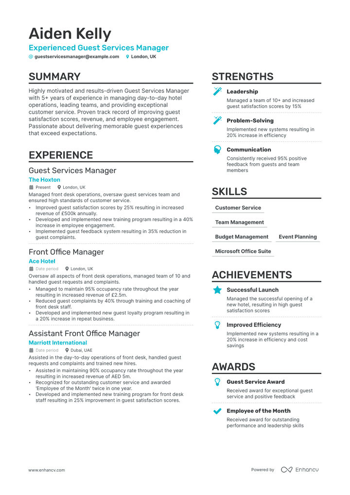 guest services manager resume example