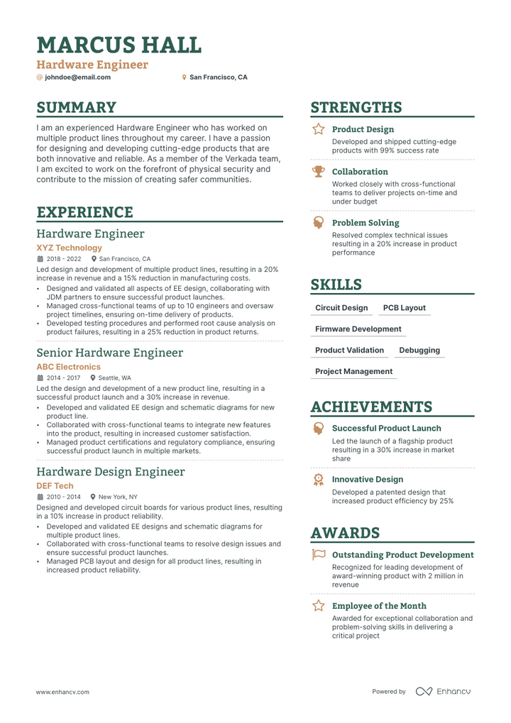 hardware engineer resume example