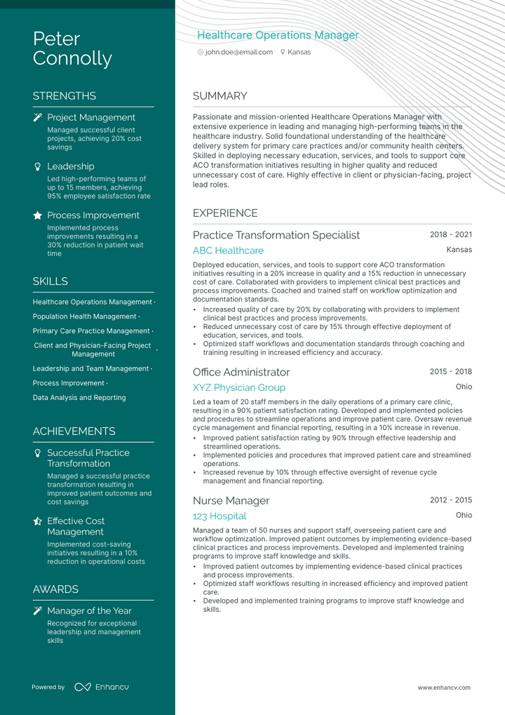 healthcare operations manager resume example