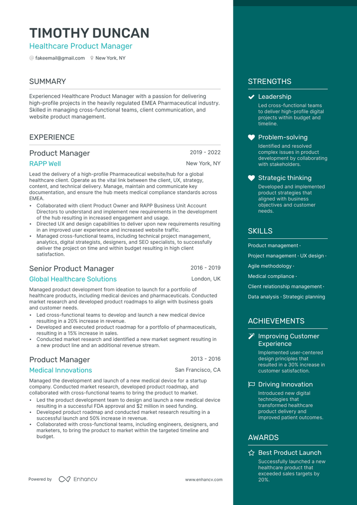 healthcare product manager resume example