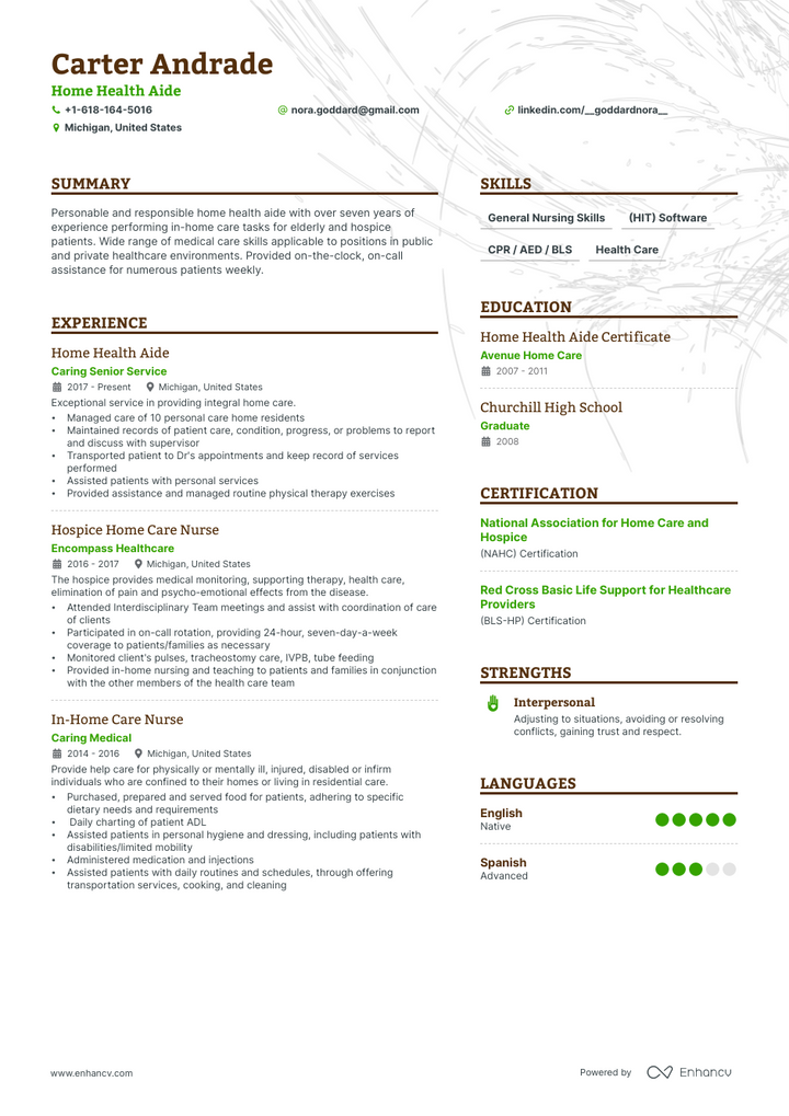 home health aide resume example