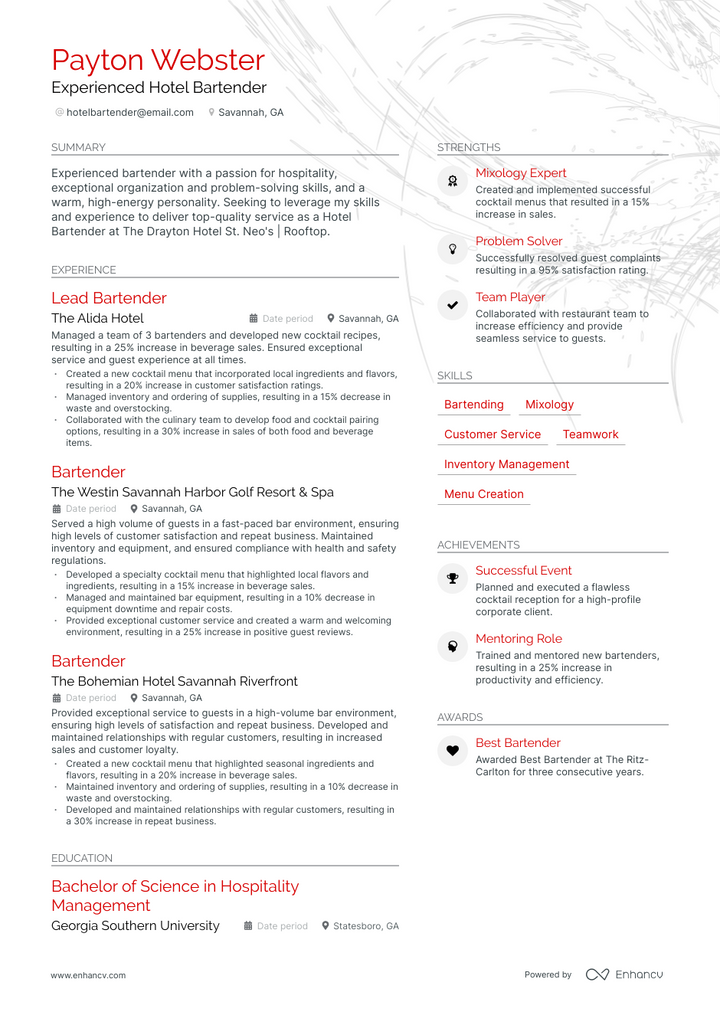 hotel bartender resume example