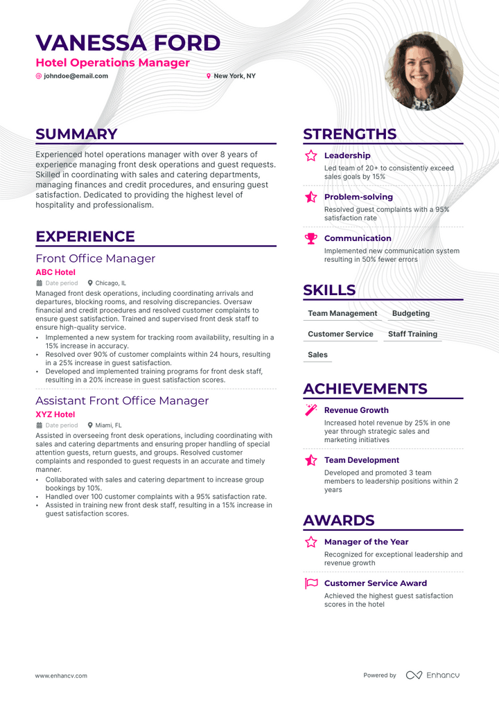 hotel operations manager resume example