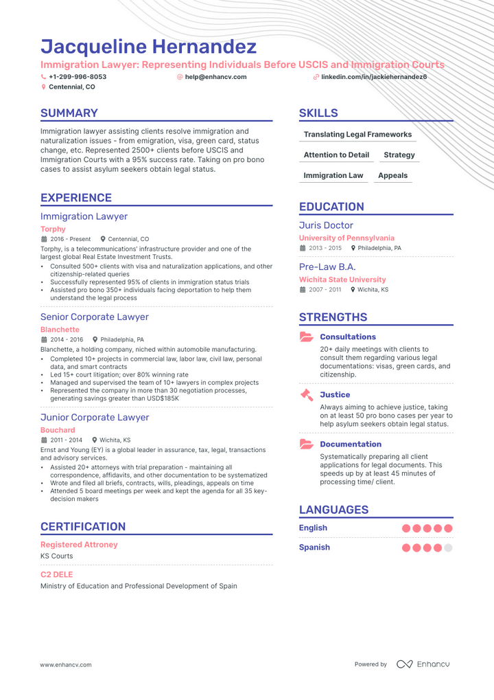 immigration lawyer resume example