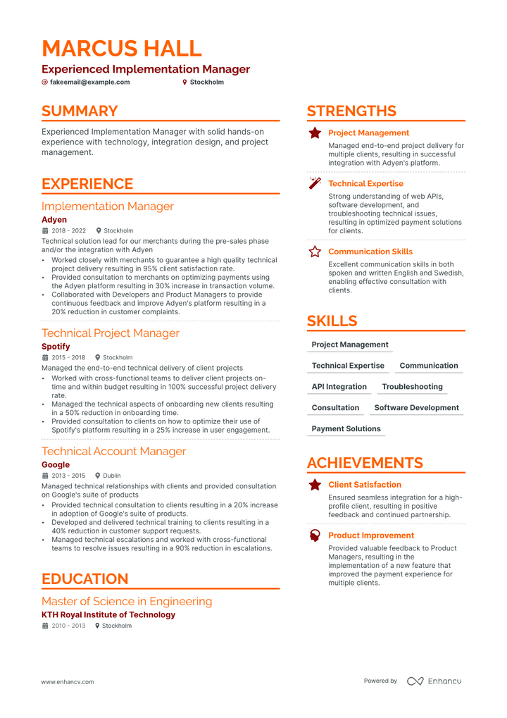 implementation manager resume example