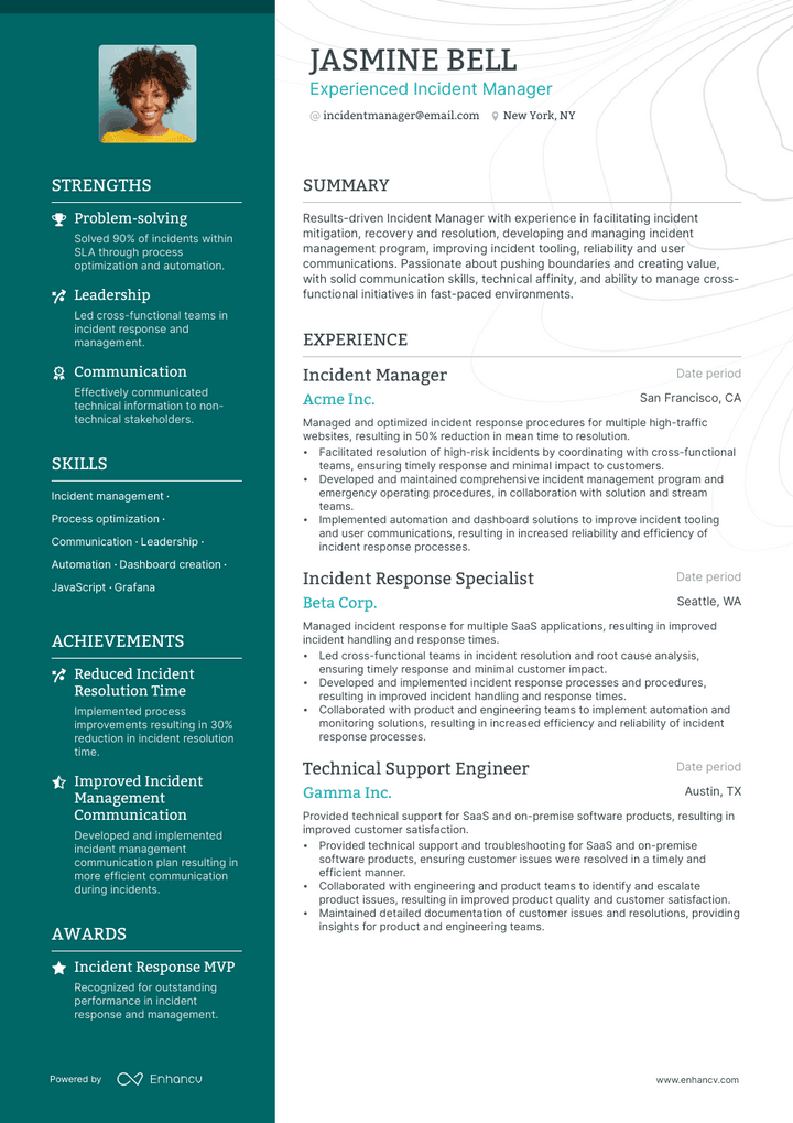 incident manager resume example