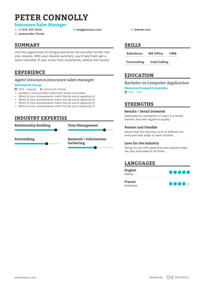 insurance sales manager resume example