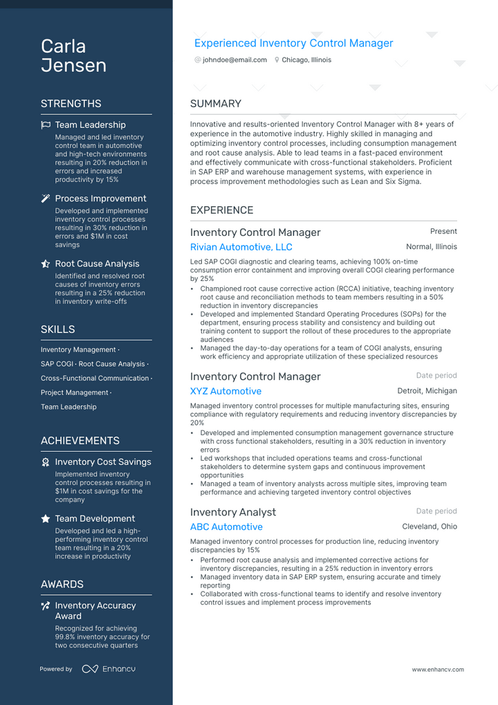 inventory control manager resume example