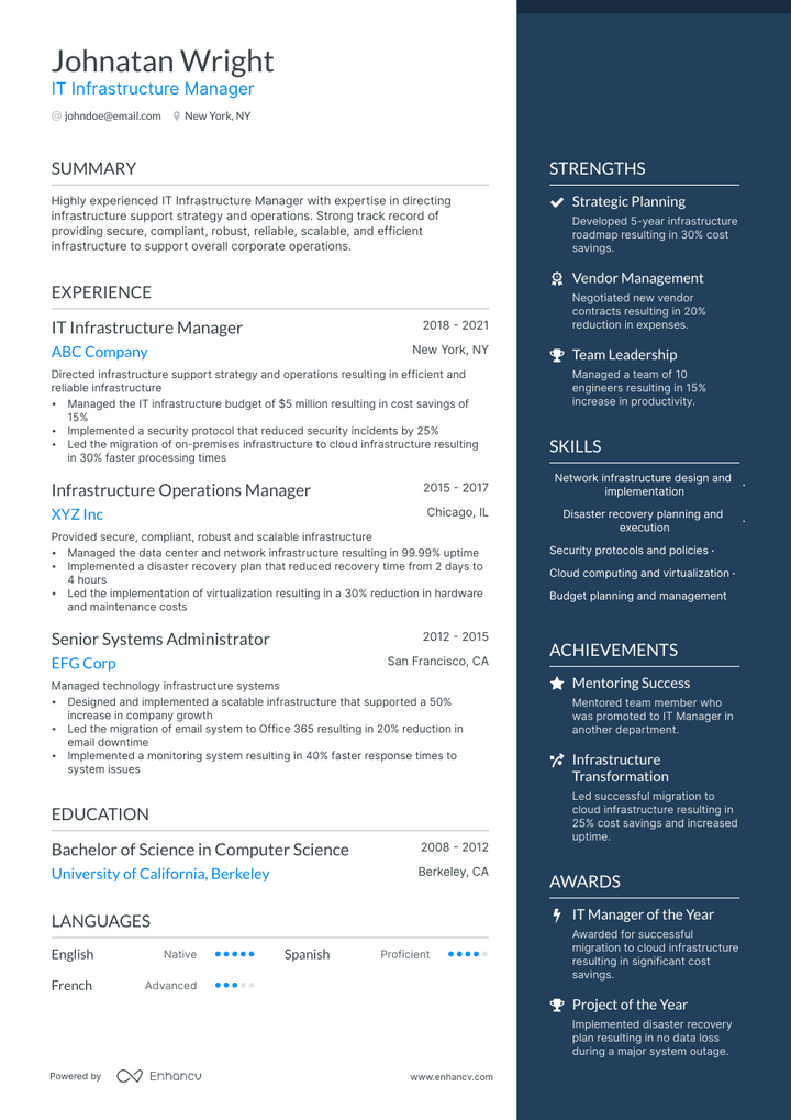 it infrastructure manager resume example