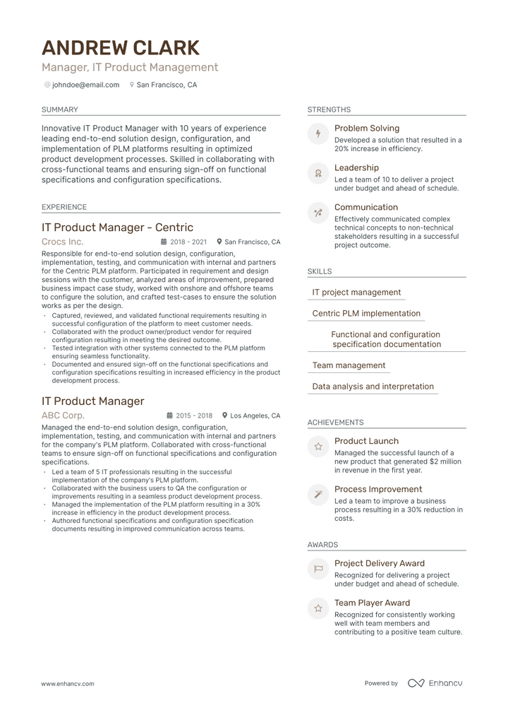 it product manager resume example