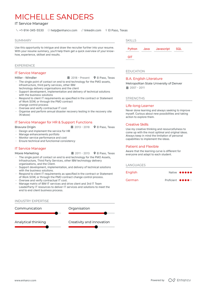 it service manager resume example
