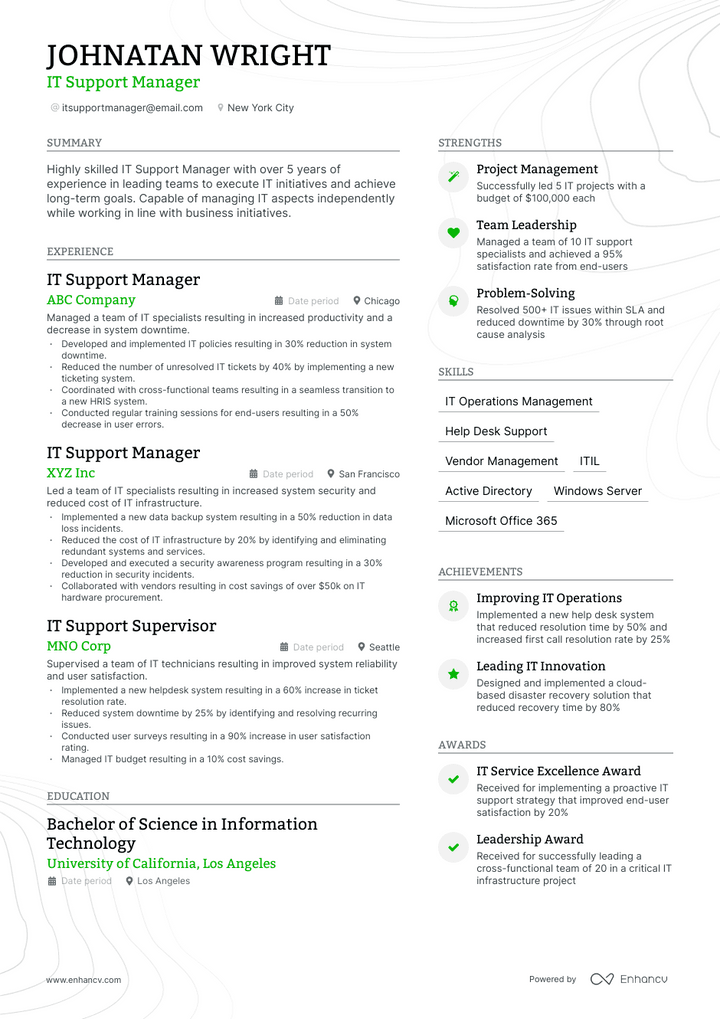 it support manager resume example