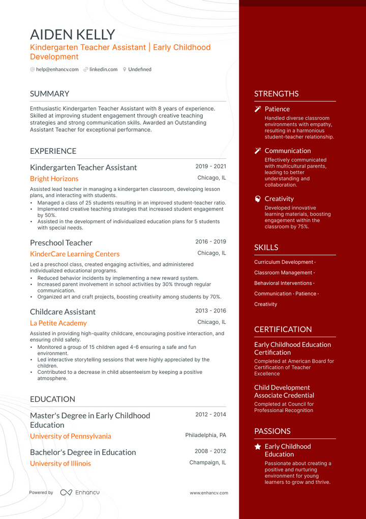 5 Kindergarten Teacher Assistant Resume Examples & Guide for 2023