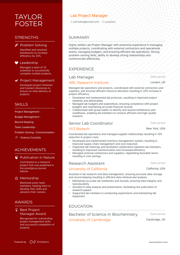 lab manager resume example