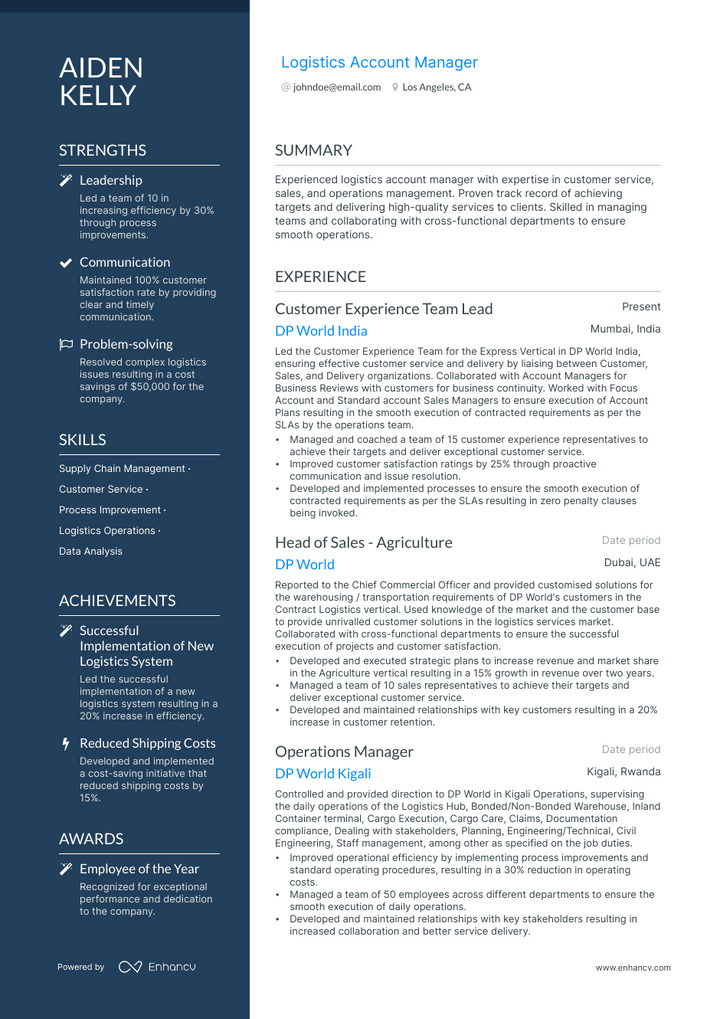 logistics account manager resume example