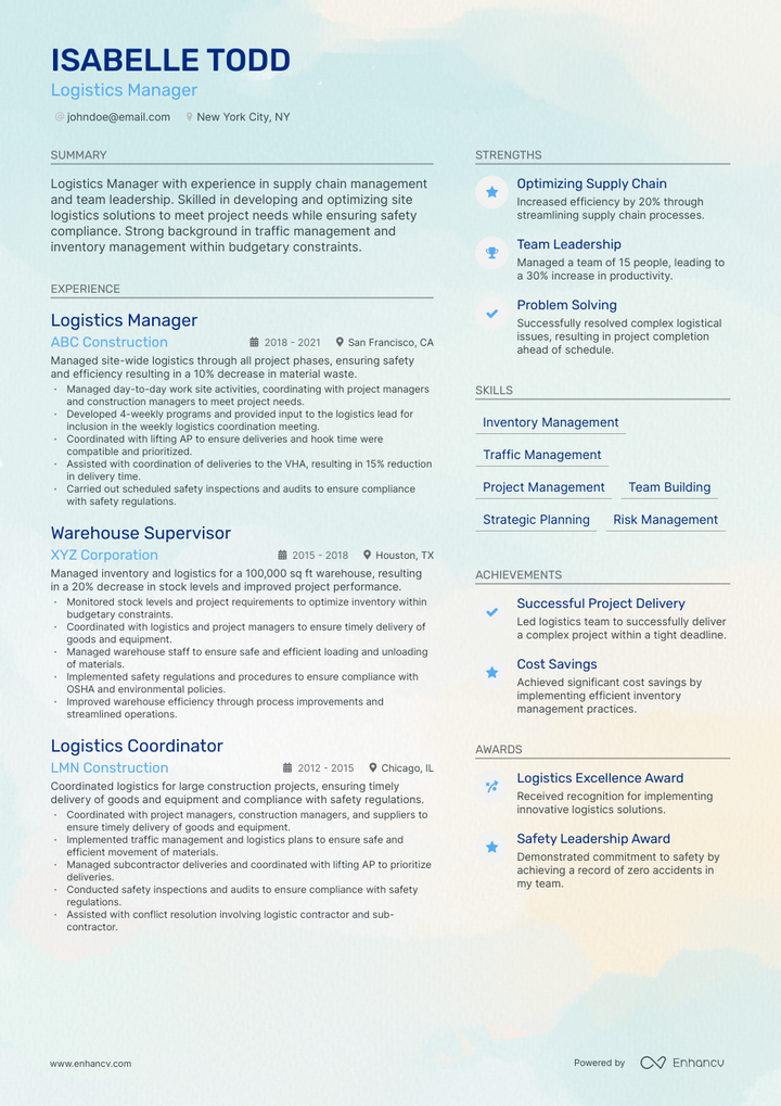 logistic manager resume example