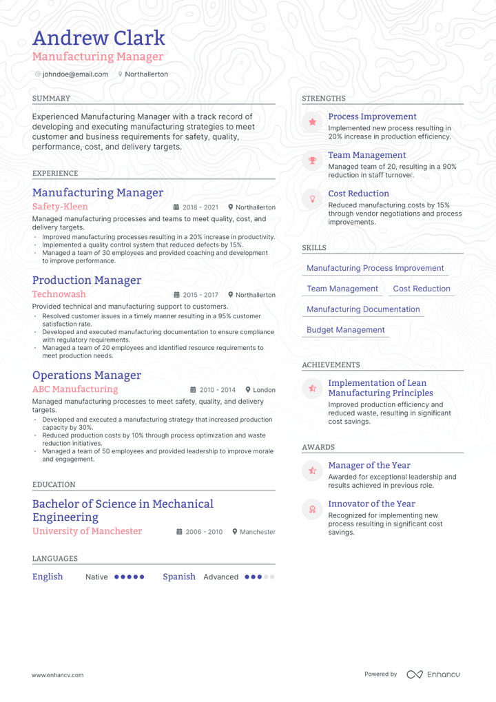 manufacturing manager resume example