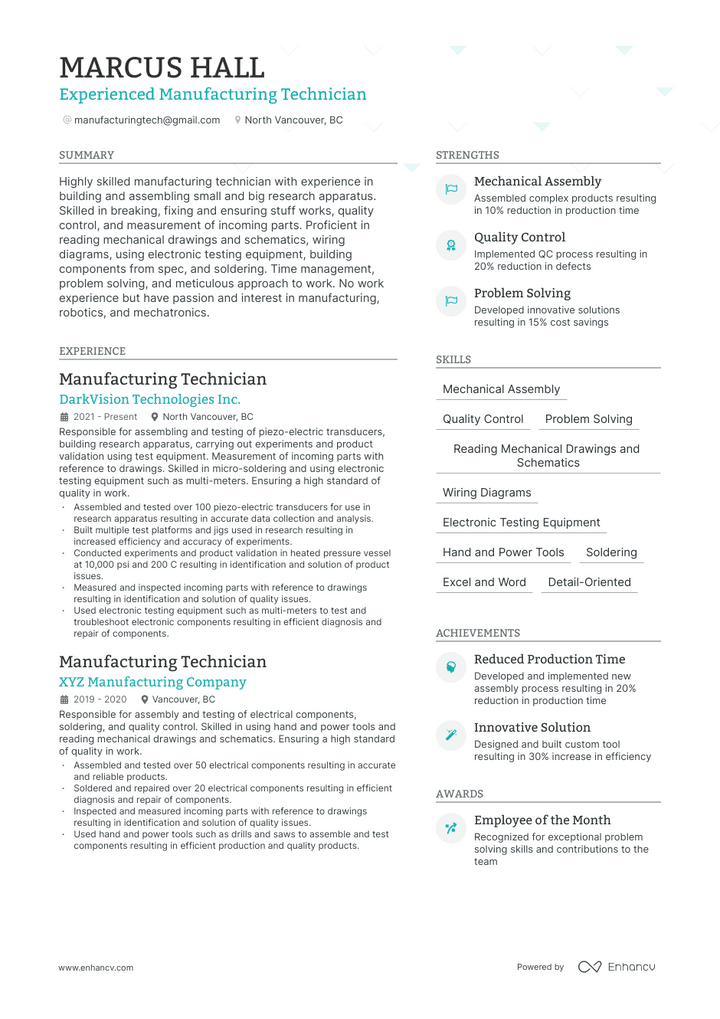 manufacturing technician resume example