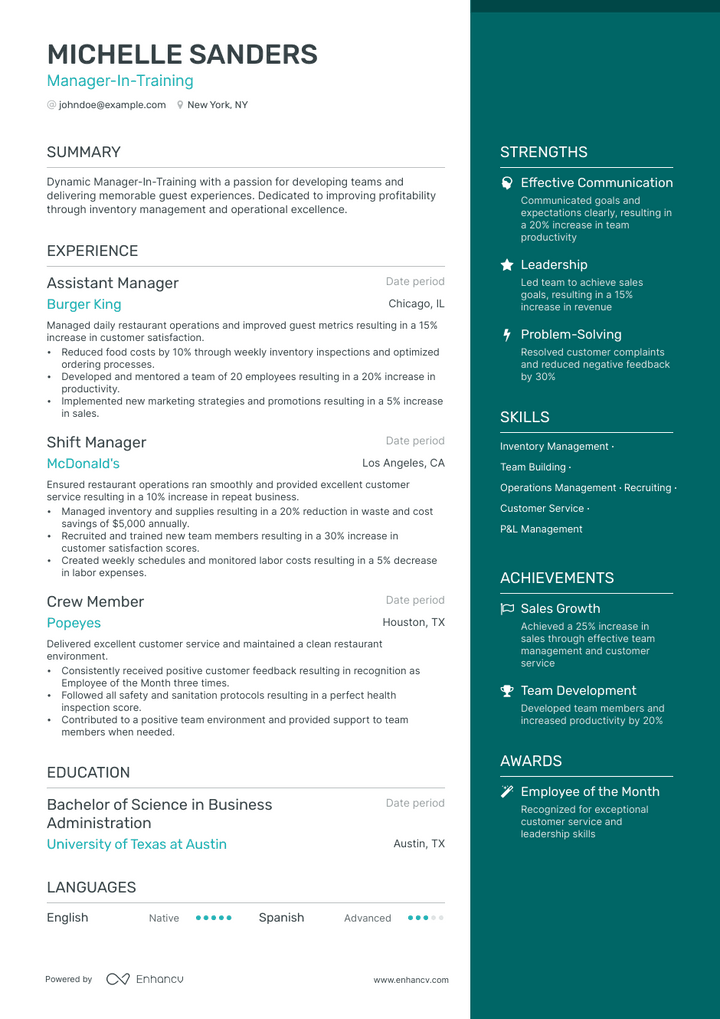 manager in training resume example