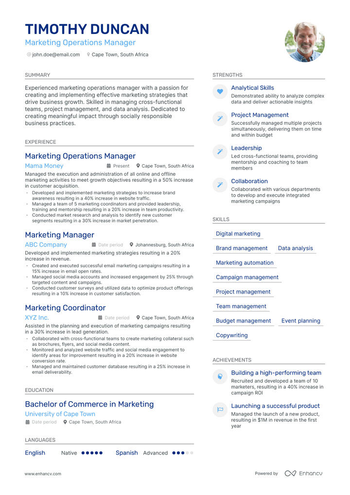 marketing operations manager resume example