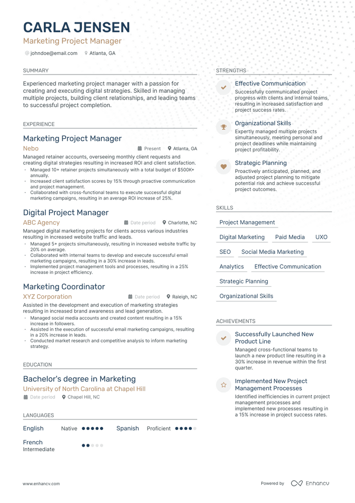 marketing project manager resume example