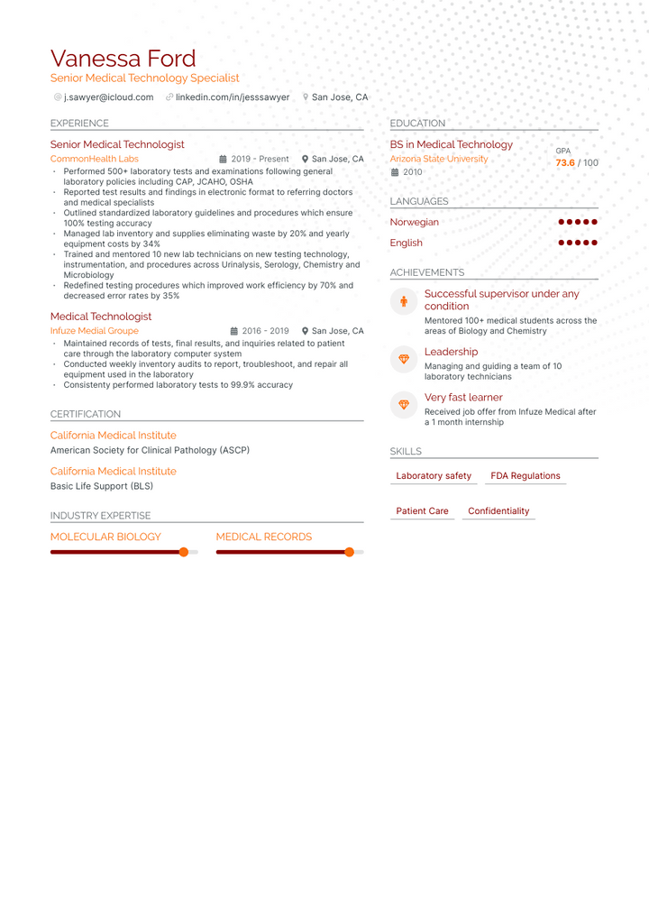 medical technologist resume example
