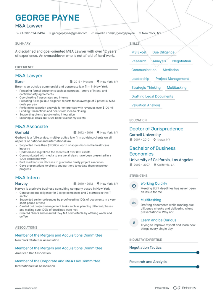 m&a lawyer resume example