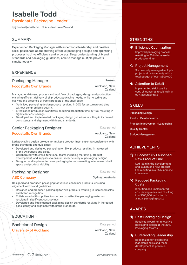 packaging manager resume example